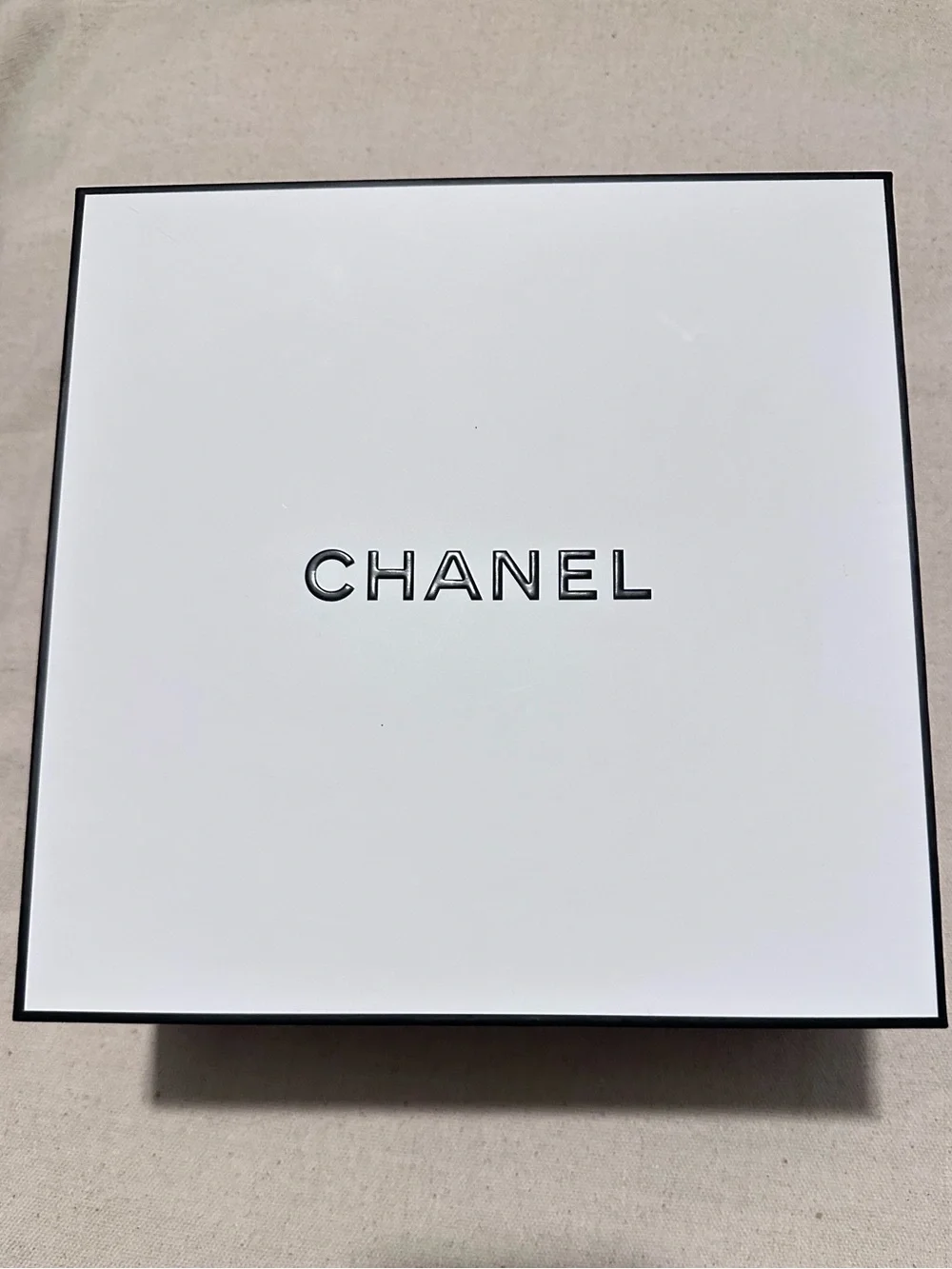 CHANEL | Box | Medium White Box with Black Logo Trim